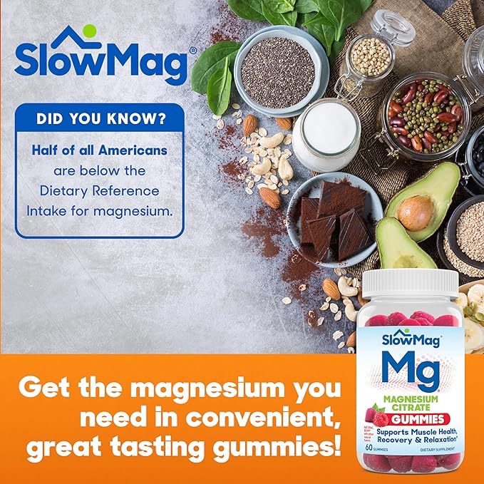 SlowMag Magnesium Citrate Gummies, 60 Count, Supports Muscle Health, Natural Berry Flavor, Recovery & Relaxation