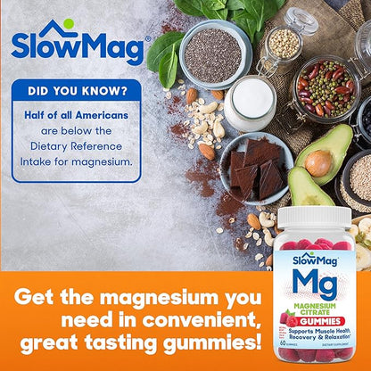 SlowMag Magnesium Citrate Gummies, 60 Count, Supports Muscle Health, Natural Berry Flavor, Recovery & Relaxation