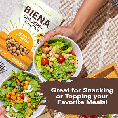 BIENA Chickpea Snacks - Crunchy Roasted Chickpeas - High Fiber Protein Snacks for Adults and Kids - 4-Pack, 5 Ounce Bags - Honey Roasted
