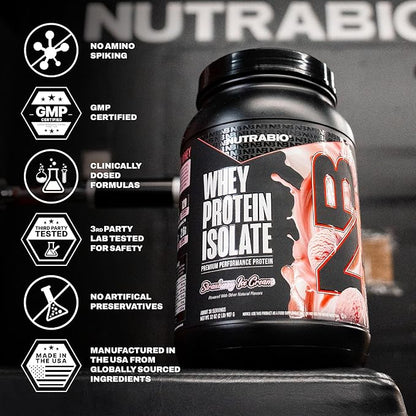 NutraBio 100% Whey Protein Isolate Protein Powder, 25g Protein with Complete Amino Acid Profile, Non-GMO, Soy & Gluten Free, Low Carb, Low Calorie Whey Protein Powder, Strawberry Ice Cream, 2 Lbs
