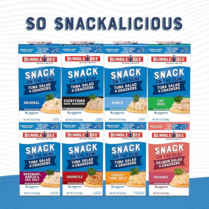 Bumble Bee Snack On The Run! Protein Snack Pack - 8g Protein per Box - Salmon Salad with Crackers Kit - Ready to Eat Easy-Open Can - Wild Caught MSC-Certified Seafood (Pack of 12)