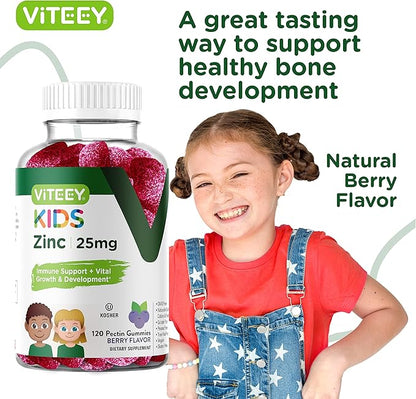 Viteey Zinc for Kids Gummies, 25mg - Immune Support for Kids & Teens - Powerful Natural Antioxidant, Kids Zinc Vitamin Supplement - Vegan, Gelatin Free, Gluten Free - Tasty Chewable Berry Flavor Gummy