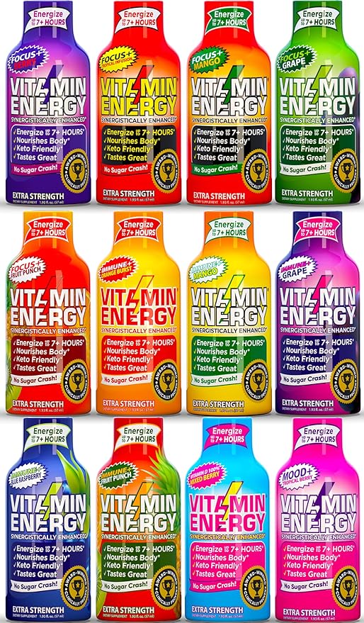 Vitamin Energy Extra Strength Energy Shot Variety Pack 12 Pack, 260mg Natural Caffeine, B-Vitamins, Vitamin D, NALT, Rhodiola, Mood, Focus, Immunity & Strength Support, Zero Sugar, Vegan, 1.93 fl oz