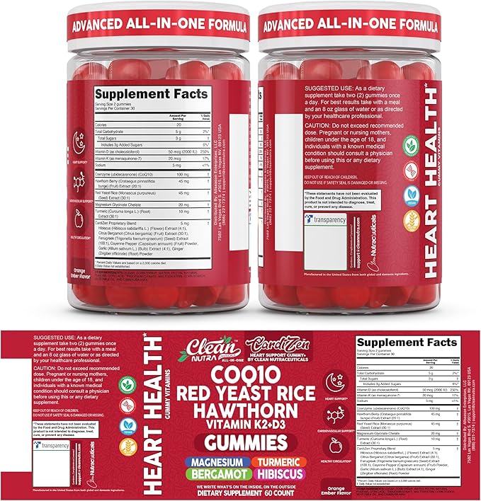 Clean Nutra CoQ10 Gummies Red Yeast Rice Hawthorn K2 Vitamin Supplement Magnesium Glycinate Turmeric Citrus Bergamot Hibiscus VIT D K Fenugreek Garlic Supplements Heart Support Gummy 60ct