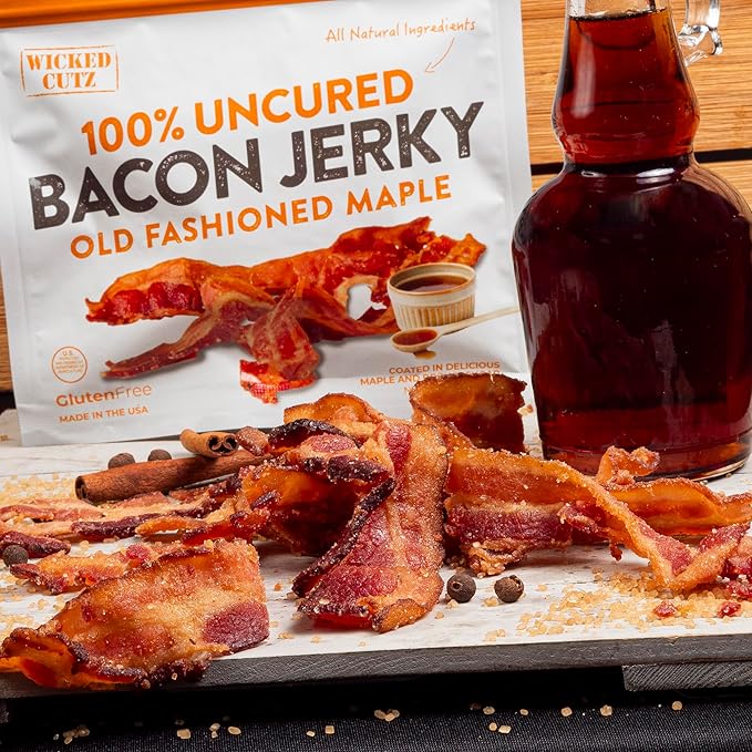 Old Fashioned Maple Bacon Jerky, Candied Jerky with 16g Protein Per Bag, Tender & Easy to Chew Fully Cooked Bacon, USA Made High Protein Carnivore Snacks (2 Bags)