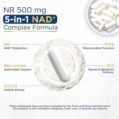 NAD+ Supplement with 500mg NR, Resveratrol, CoQ10, PQQ- 5-in-1 NAD Formula |NMN Supplement Alternative|NAD Resveratrol Support Cellular Energy & Healthy Aging-Made in USA-60 Capsules