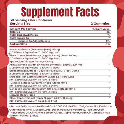 TrueSeaMoss Sea Moss & Apple Cider Vinegar Gummies – 10-in-1 Blend with Black Seed Oil, Ashwagandha, Turmeric, Burdock Root & Bladderwrack – 60 Gummies
