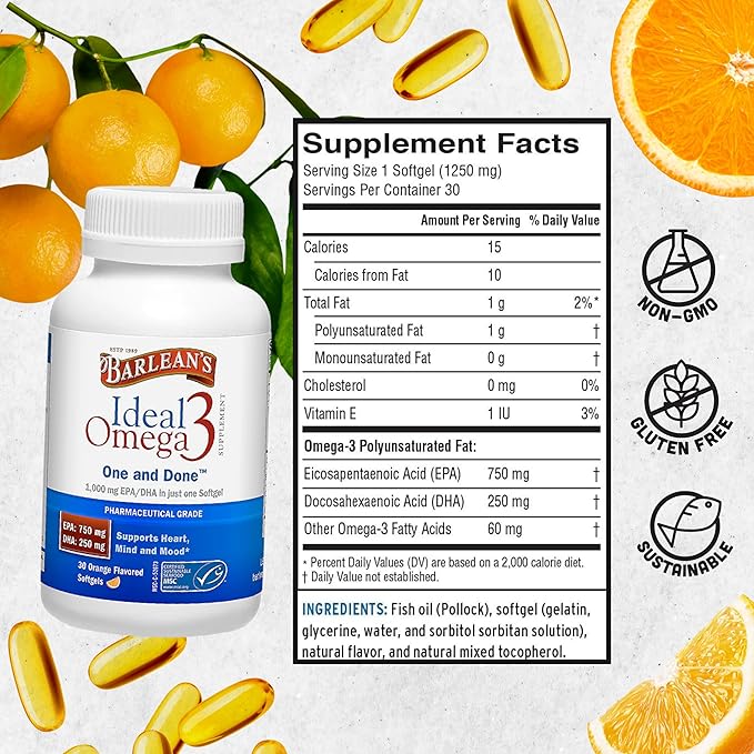 Barlean's Ideal Omega 3 Nutritional Supplement Softgels with 1,000mg EPA/DHA for Heart, Mind, and Mood - Certified Sustainable Seafood, Pharmaceutical Grade - 30-Count