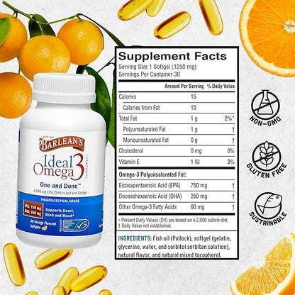 Barlean's Ideal Omega 3 Nutritional Supplement Softgels with 1,000mg EPA/DHA for Heart, Mind, and Mood - Certified Sustainable Seafood, Pharmaceutical Grade - 30-Count