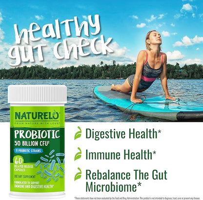 NATURELO Probiotics for Digestive Health - 50 Billion CFU, 11 Strains, Daily Use Supplement - Boosts Immune System, Delayed Release, No-Fridge, 60 Vegetarian Capsules (Pack of 2)
