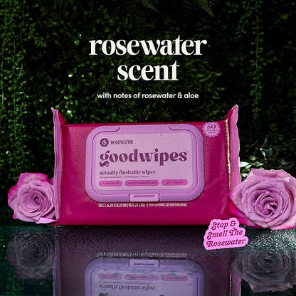 goodwipes Flushable Butt Wipes - Vitamin E & Aloe - Sewer & Septic Safe - Extra Large Adult Wet Wipes For Women & Men - Bathroom Essentials - Rosewater, 318 Count (6 Packs + 1 Travel)
