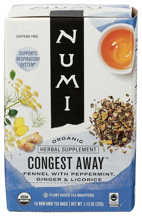 Numi Organic Congest Away Herbal Tea – 16 Herbal Tea Bags – Caffeine Free Cooling Blend with Fennel Peppermint Ginger Cinnamon & Licorice for Soothing Respiratory Comfort