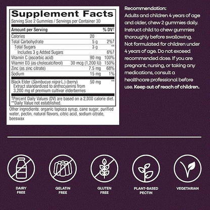 Nature’s Way Sambucus Elderberry Gummies, Immune Support Gummy for Adults & Kids Ages 4+ with Black Elderberry Extract, Vitamin C, Vitamin D3, and Zinc*, 60 Gummies (Set of 3)