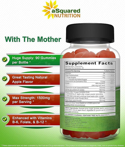 aSquared Nutrition Apple Cider Vinegar Gummies - 1500mg Per Serving - with The Mother - 90 ACV Gummies w/Vitamin B6 & B12, Folic Acid - Vegan Gummy Supplement Alternative to Capsules Pills & Drink