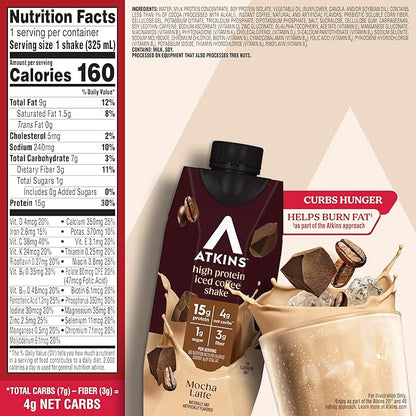 Atkins Mocha Latte Iced Coffee Flavored Protein Shake, High Protein, Low Glycemic, Low Carb and Low Sugar Shakes, Keto-Friendly, 12 Pack