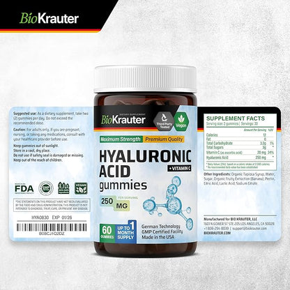BIO KRAUTER® Hyaluronic Acid with Vitamin С for Skin Hydration Support - Vegan Hyaluronic Acid Supplements 250 mg Strength for Beauty & Collagen Support - 60 Gummies, Non-GMO, Banana Flavor