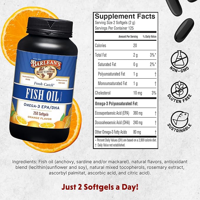 Barlean's Omega 3 Fish Oil Supplements, 600mg Fish Oil Pills with EPA & DHA, Softgels for Joint, Brain, & Heart Health, Orange Flavored, 250 Count