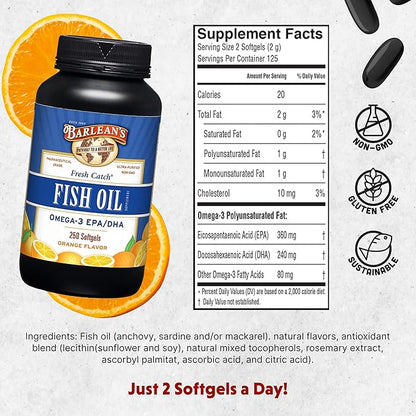 Barlean's Omega 3 Fish Oil Supplements, 600mg Fish Oil Pills with EPA & DHA, Softgels for Joint, Brain, & Heart Health, Orange Flavored, 250 Count
