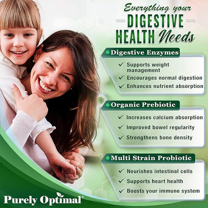 Purely Optimal Digestive Enzymes for Women and Men – Multi-Enzyme Supplement for Bloating Relief, Digestion and Heavy Meal Support – with Probiotics and Prebiotics for Gut Health – 180 Capsules