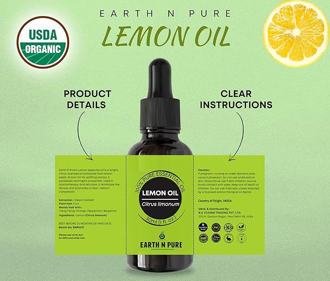 Earth N Pure Lemon Essential Oil for Revitalizing Care for Face, Scalp & Skin | 30 ML