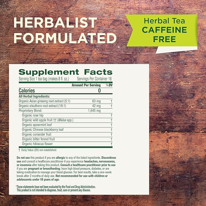 Traditional Medicinals Organic,Stress Ease Focus,Ginseng Wild Apple Mint Tea - Balanced Energy Support & Adaptogens - Kosher,Non-GMO,Caffeine-Free,Compostable - 16 Tea Bags,(Pack of 2)