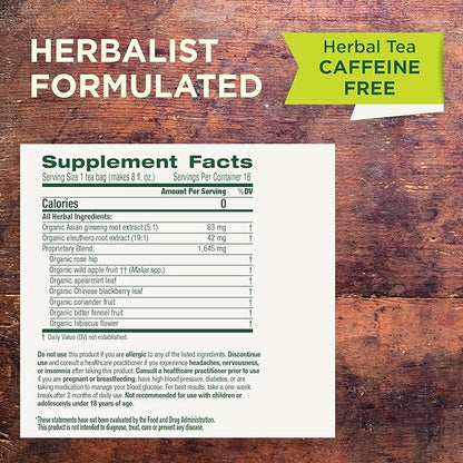 Traditional Medicinals Organic,Stress Ease Focus,Ginseng Wild Apple Mint Tea - Balanced Energy Support & Adaptogens - Kosher,Non-GMO,Caffeine-Free,Compostable - 16 Tea Bags,(Pack of 2)