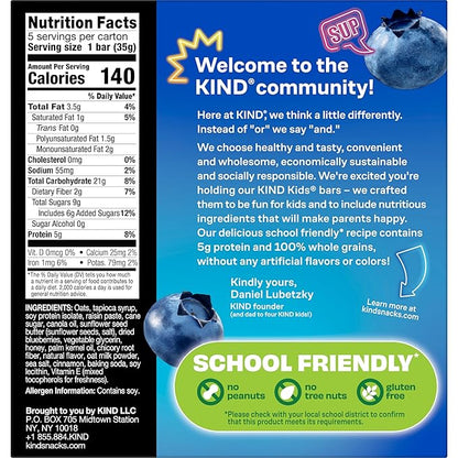 KIND Kids Granola Bars, Blueberry Muffin, Gluten Free, Low Sodium, Peanut and Tree Nut Free Snacks, 5g Protein, 5 Count