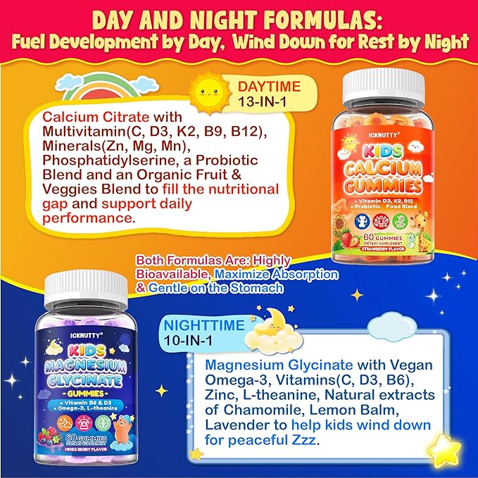 Kids Calcium Magnesium Supplement Gummies - Calcium Citrate 800mg with Magnesium Glycinate 200mg, L-Theanine, Vitamin D3 K2 & Omega-3 Multivitamin for Kids Day & Night Gummies - Vegan, Sugar Free