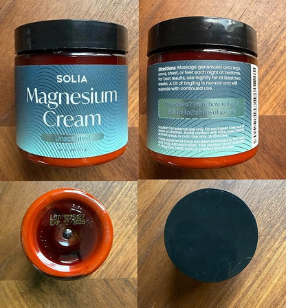 Solia Magnesium Cream, USA-Made Unscented Topical Magnesium Lotion for Feet Soreness, Muscle Balm Mag Oil Body Butter, Foot Cream for Feet, Rub for Muscle Soreness, 4oz