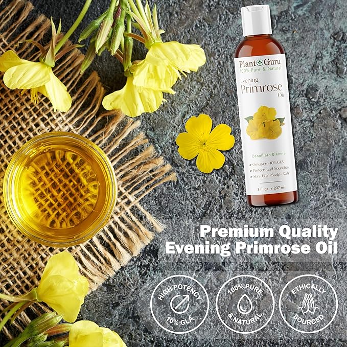 Plant Guru Evening Primrose Oil 8 fl. oz. Cold Pressed 100% Pure Natural Carrier - Skin, Face, Body and Hair Growth Moisturizer. Great For DYI Soap Making, Creams, and Lip balms.