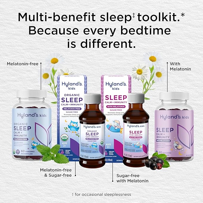 Hyland's Kids Melatonin-Free Organic Sleep Calm & Immunity Liquid, Sugar-Free with Magnesium, Vitamin D, Zinc & Elderberry, Promotes Sleep & Supports Immune Health, Ages 2+, Grape Flavor, 4 Fl. Oz.