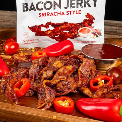 Sriracha Flavored Bacon Jerky, 12g Protein Per Bag, Tender & Easy to Chew Fully Cooked Bacon, USA Made, High Protein Carnivore Snacks (2 Bags)