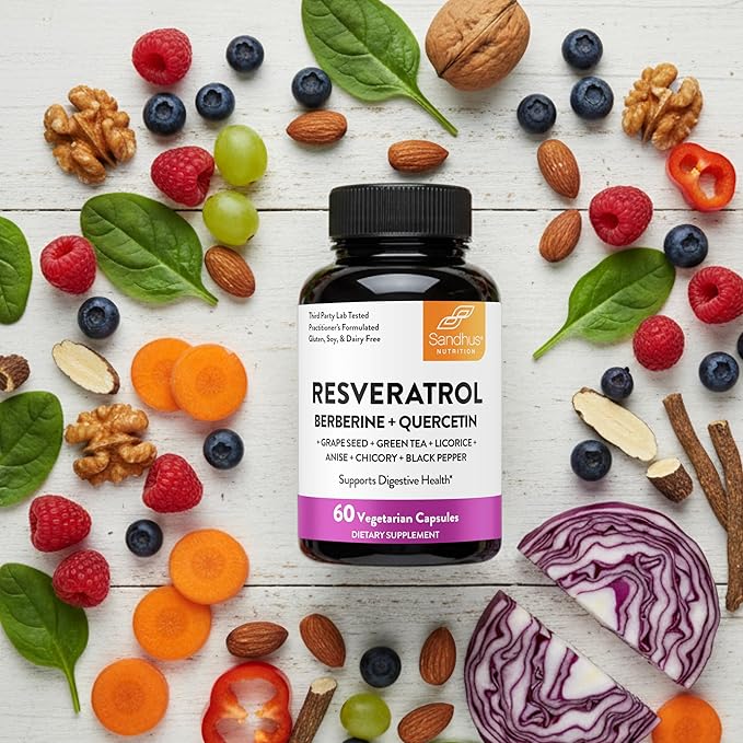 Resveratrol with Berberine Supplement For Gut Health Support | 60 Digestive Capsules For Women & Men | With Green Tea Extract, Star Anise, DGL, Grape Seed & Quercetin | Helps Ease Bloating & Digestion