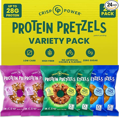 CRISP POWER Protein Pretzels, Variety Pack With Sea Salt, Sesame, & Everything, Up To 28G Protein, High Protein Snack, High Fiber, Low Carb Crunchy Pretzel Snacks, No Added Sugar, 1.75 oz Bags, 24 Pack, Vegan, Keto