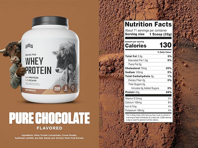 Levels Grass Fed Whey Protein Powder, No Artificials, 24G of Protein, Pure Chocolate, 5LB