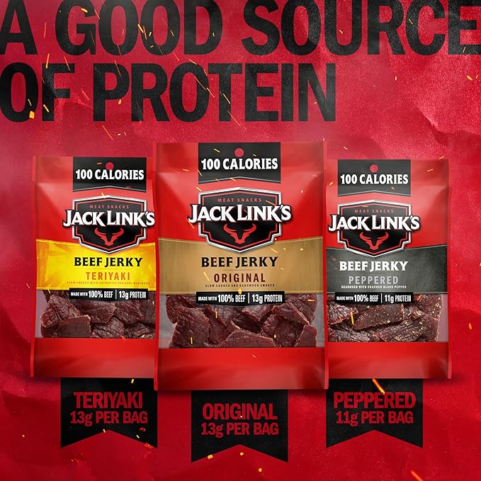 Jack Link's Beef Jerky Variety Pack – Includes Original, Teriyaki and Peppered Jerky, Bulk Protein Snack Pack, Good Source of Protein, Meat Snacks Made with 100% Beef – 1.25 Oz (Pack of 15)