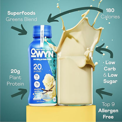 OWYN Only What You Need Protein Shake Variety Pack, Vanilla, Cold Brew Coffee, Cookies and Creamless Flavored Protein Shakes, 20g Protein, 4g Sugar, 3g Fiber, Dairy Free, Plant Based Protein, 12 CT