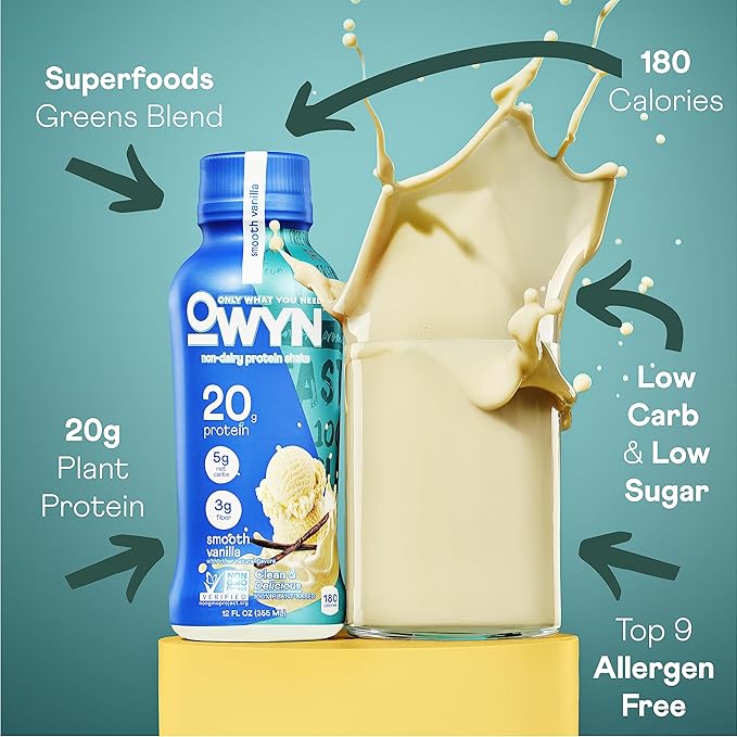 OWYN Only What You Need Smooth Vanilla Flavored Protein Shake, 20g Protein, 4g Sugar, 3g Fiber, Dairy Free, Plant Based Protein Drink 12 Count