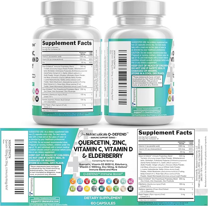 Q Defend Quercetin Supplement with Zinc Vitamin C Vitamin D Elderberry Turmeric Black Pepper Garlic Ginger Sea Moss Lysine Stinging Nettle Reishi Mushroom Immune Support 60 Capsules by Clean Nutra