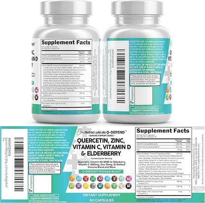Q Defend Quercetin Supplement with Zinc Vitamin C Vitamin D Elderberry Turmeric Black Pepper Garlic Ginger Sea Moss Lysine Stinging Nettle Reishi Mushroom Immune Support 60 Capsules by Clean Nutra