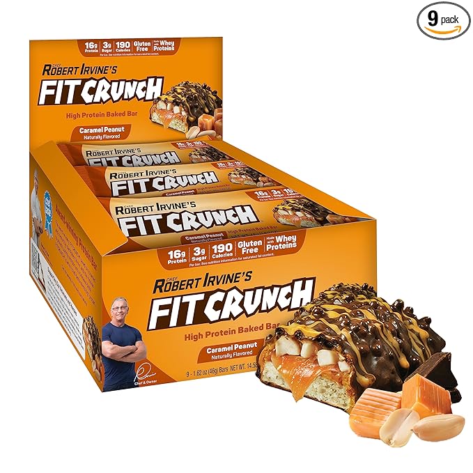 FITCRUNCH Snack Size Protein Bars, 6-Layer Baked Bar, 3g of Sugar, Gluten Free & Soft Cake Core (9 Bars, Caramel Peanut)