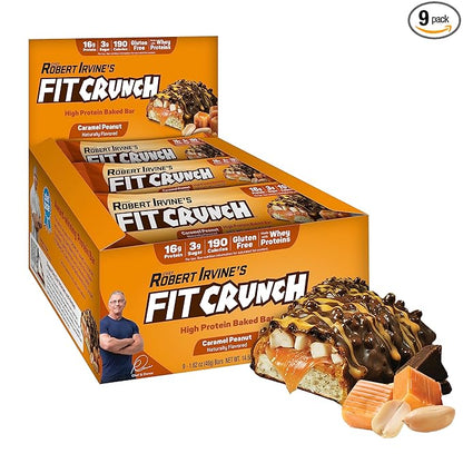 FITCRUNCH Snack Size Protein Bars, 6-Layer Baked Bar, 3g of Sugar, Gluten Free & Soft Cake Core (9 Bars, Caramel Peanut)
