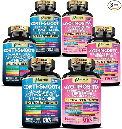 Cortisol & Myo-Inositol Supplement Bundle, Soothe & Smooth Bundle, Cortisol Balance, GABA, Magnesium, Ashwagandha, L-Theanine, D-Chiro Inositol, Folate, Berberine, Chasteberry, Zinc (3 Pack)