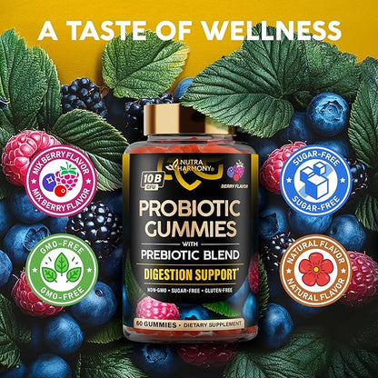 Probiotic Gummies 10B CFU with Prebiotic Fiber - Digestion & Immune Support - Debloat, Stomach & Gut Comfort - Probiotics for Women & Men - Natural Berry Flavor - Vegan & Sugar-free - 60 Gummies