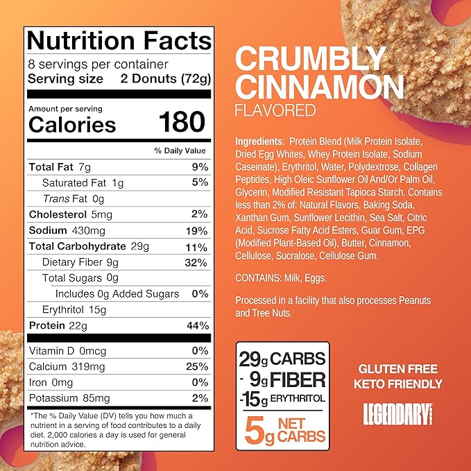Legendary Foods Protein Donuts - 22g Protein, Crumbly Cinnamon, Zero Sugar Snack, Gluten Conscious, Low Carb, Keto Suitable, Diabetic and GLP-1 Diets - 8 Pack with Two Donuts per pack