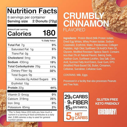 Legendary Foods Protein Donuts - 22g Protein, Crumbly Cinnamon, Zero Sugar Snack, Gluten Conscious, Low Carb, Keto Suitable, Diabetic and GLP-1 Diets - 8 Pack with Two Donuts per pack