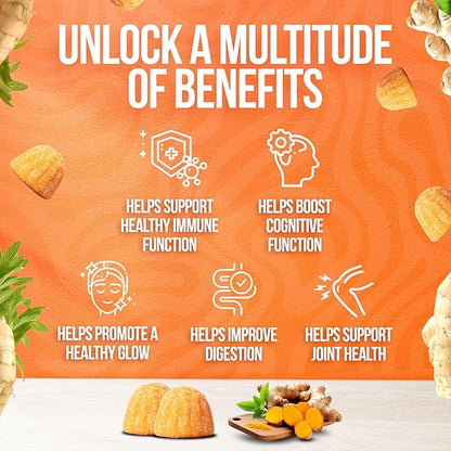 Curcumin Turmeric Gummies – Extra Strength 2000mg Turmeric and Ginger Supplement Gummies with Black Pepper – Vegan and Non-GMO, Peach Flavor - Pack of 2