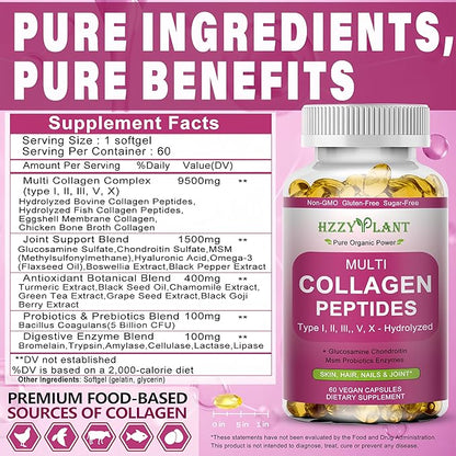 Multi Collagen Peptides Softgel - Type I, II, III, V, X - Hydrolyzed Collagen Peptides with Biotin Vitamin C Hyaluronic Acid for Women & Men, Supports Skin Hair Nail & Joint, Non-GMO, 60 Servings