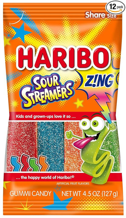HARIBO Gummi Candy, Z!NG Sour Streamers Gummy Candy, 4.5 Ounce Share Size Bags (Pack of 12) Delicious Soft & Chewy Snacks, Assorted Fruity Flavors