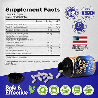 Cortisol Supplement for Women - Holy Basil | Ashwagandha | Rhodiola | L-Theanine - Plant-Based Hormone Balance - Mood, Focus & Sleep Support - Made in USA - Vegan, Non-GMO - 120 Capsules for 4 Months